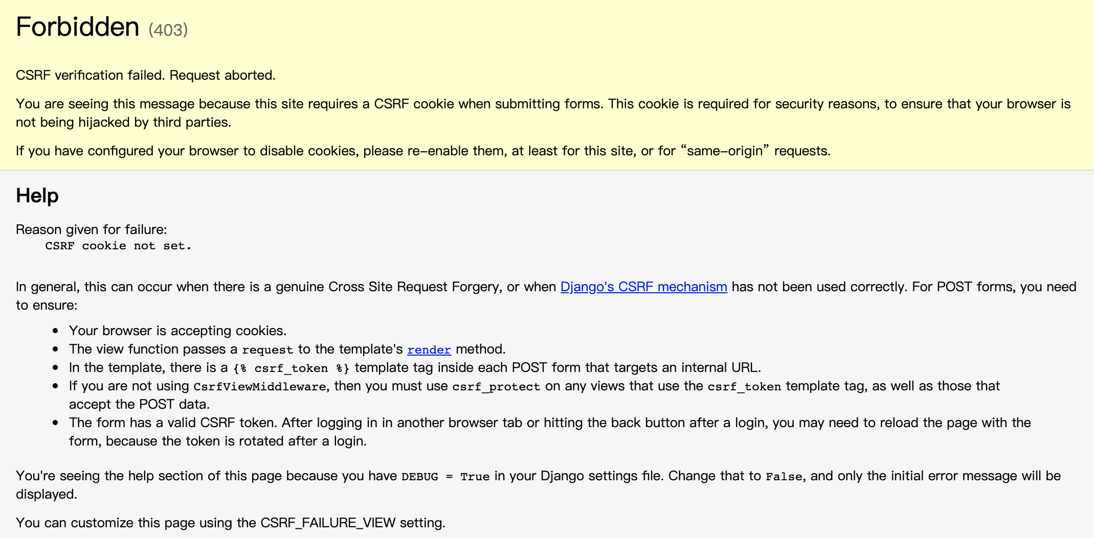 Django中关于“CSRF verification failed. Request aborted”的问题